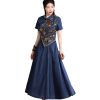 Women Chinese Vintage A-Line Dress Split Joint Midi Denim Dress Embroidery Floral Long Shirt Dress