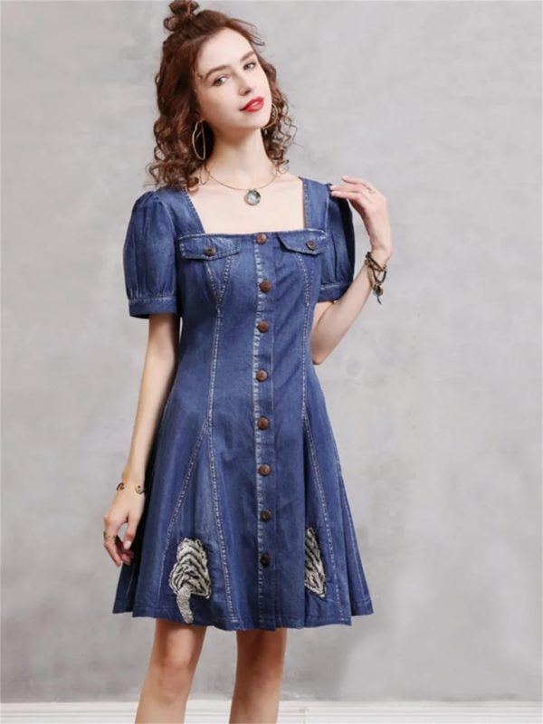 Women Square Collar Vintage Short A-Line Dress Slim Split Joint Single Breasted Mini Puff Sleeve Denim Dress