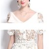 Womens Elegant Temperament Lapel Short Sleeved Lace Hollow Out Dress Slim Waist Dress