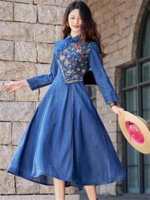 Women A-Line Denim Dress Embroidery Floral Vintage Midi Dress Long Sleeve Slim Joint Jeans Dress