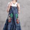 Women Vintage Asymmetrical A-Line Embroidery Sleeveless Spaghetti Straps Dress Loose Split Denim Dress