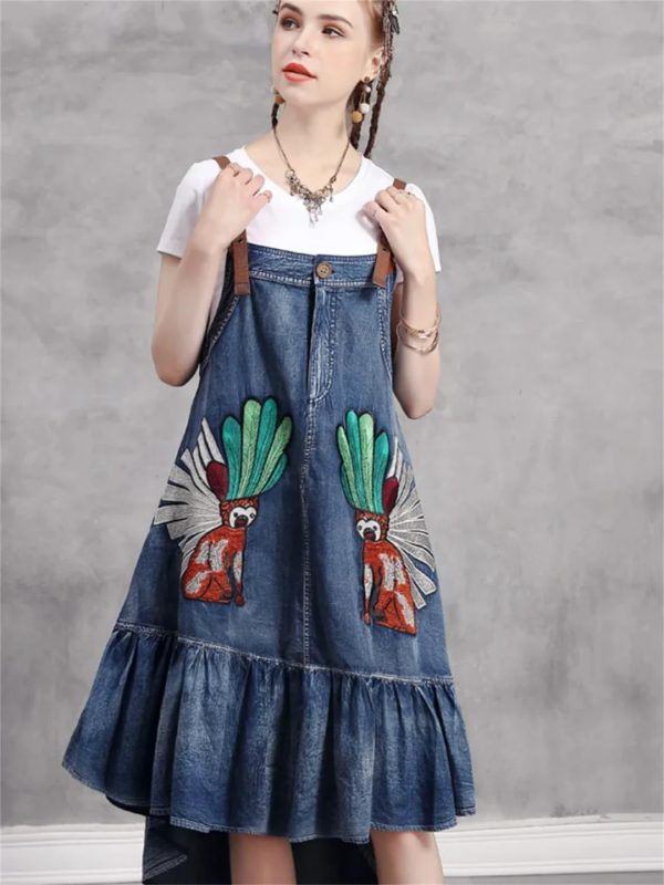 Women Vintage Asymmetrical A-Line Embroidery Sleeveless Spaghetti Straps Dress Loose Split Denim Dress