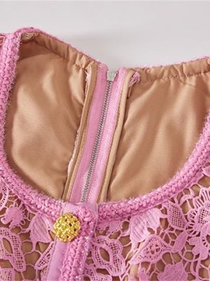 Women Vintage Pink Lace Square Neck Gold Button Lace Hollow Out Fragrance Dress