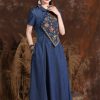 Women Chinese Vintage A-Line Dress Split Joint Midi Denim Dress Embroidery Floral Long Shirt Dress