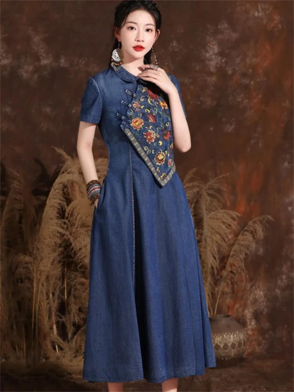 Women Chinese Vintage A-Line Dress Split Joint Midi Denim Dress Embroidery Floral Long Shirt Dress