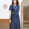 Women Summer Sleeveless Denim Dress V-Neck Zipper Embroidery Vintage Midi Dress Pockets Overall Jeans Dress