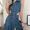 Women Elegant One-Piece with Slit Cut-Out Blue Jean Sundress Sleeveless Denim Dress