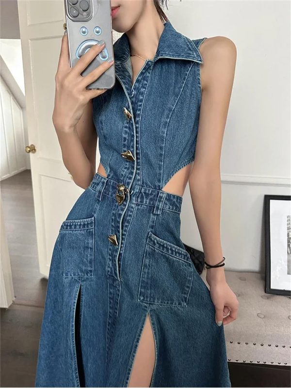 Women Elegant One-Piece with Slit Cut-Out Blue Jean Sundress Sleeveless Denim Dress