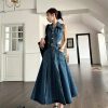 Women Elegant One-Piece with Slit Cut-Out Blue Jean Sundress Sleeveless Denim Dress