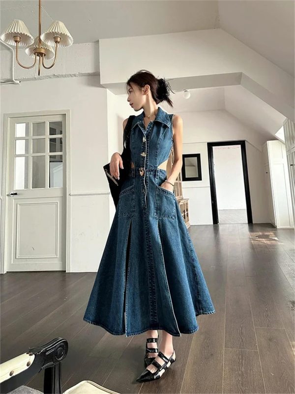 Women Elegant One-Piece with Slit Cut-Out Blue Jean Sundress Sleeveless Denim Dress