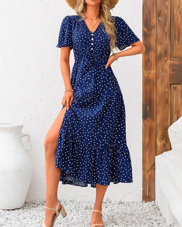 Women Summer Dresses 2025 Casual Short Sleeve V Neck Split Maxi Dress Button Drawstring Beach Long Dress