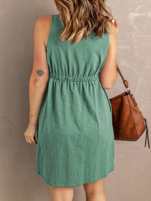 Women Summer Casual Sleeveless Button Down Elastic Waist Swing Dresses, XS-2XL