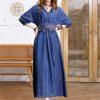 Women Vintage Blue A-Line High Waisted Retro Dresses Three Sleeve Belt Embroidery Denim Dress