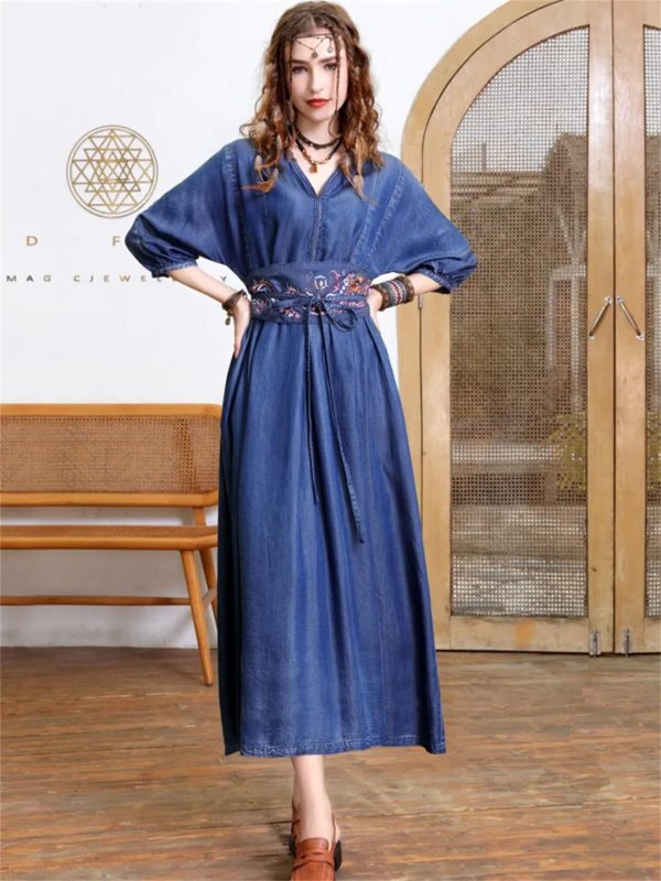 Women Vintage Blue A-Line High Waisted Retro Dresses Three Sleeve Belt Embroidery Denim Dress