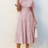 Womens Summer Short Sleeve Maxi Dresses Casual V Neck Smocked Loose Tiered Flowy Shirt Dress with Pockets
