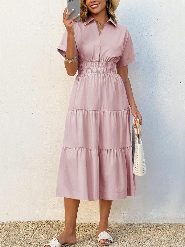 Womens Summer Short Sleeve Maxi Dresses Casual V Neck Smocked Loose Tiered Flowy Shirt Dress with Pockets