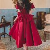 Women’S Beaded Bow Accent Midi Dress - Square Neck Satin for Spring Weddings & Parties