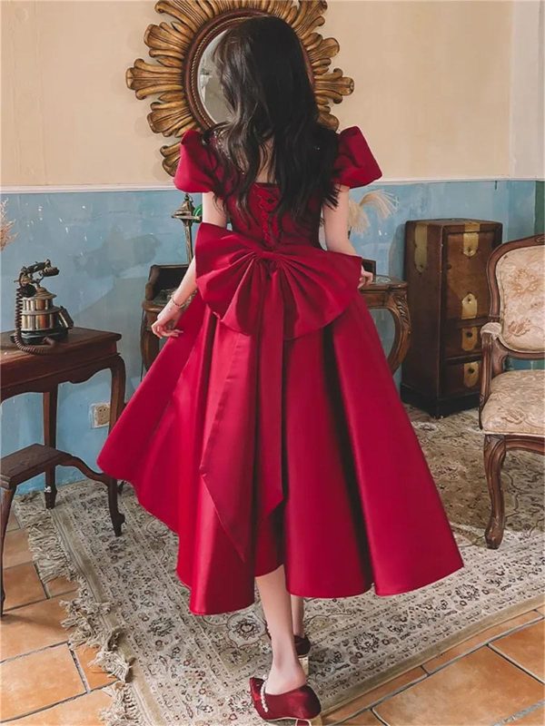 Women’S Beaded Bow Accent Midi Dress - Square Neck Satin for Spring Weddings & Parties