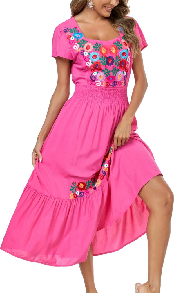 Women's Summer Maxi Dress Casual Floral Embroidered Round Neck Short Sleeve Ruffle Tiered Dress Flowy Boho Beach Sundress