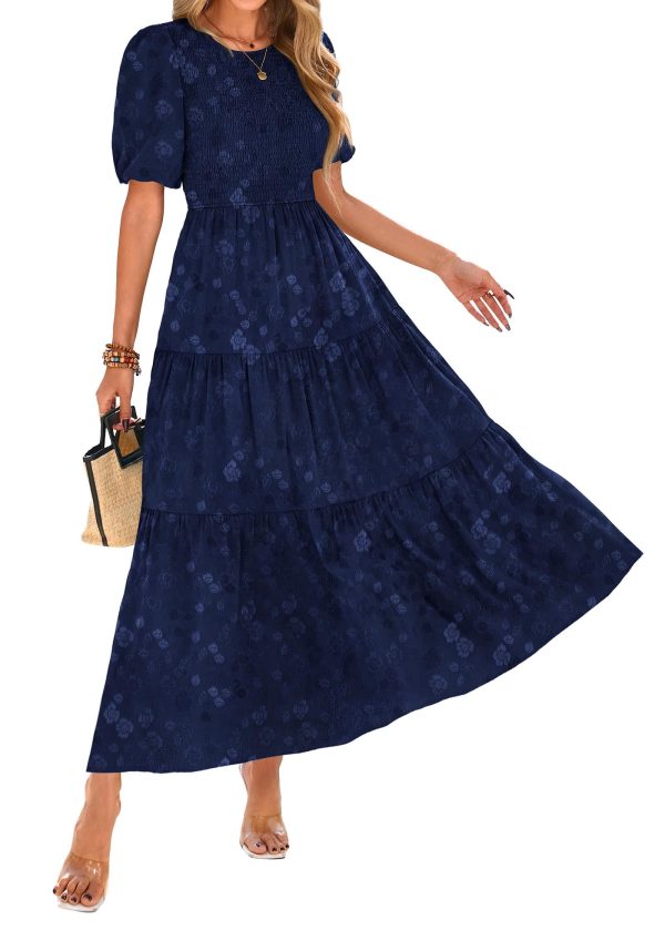 Womens Summer Dresses Wedding Guest Floral Midi Sundress Short Puff Sleeve Flowy A Line Smocked Tiered Boho Dress