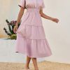 Womens Summer Short Sleeve Maxi Dresses Casual V Neck Smocked Loose Tiered Flowy Shirt Dress with Pockets