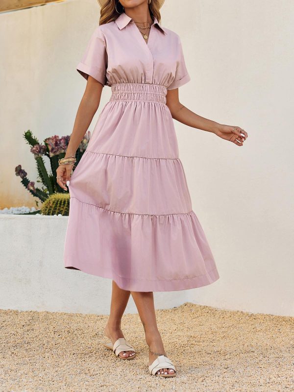 Womens Summer Short Sleeve Maxi Dresses Casual V Neck Smocked Loose Tiered Flowy Shirt Dress with Pockets