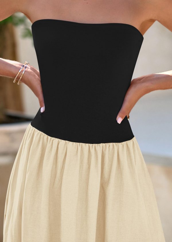 Women's 2025 Spring Strapless Maxi Dresses Patchwork Long Flowy Pockets Elegant Going Out Summer Tube Top Dress