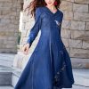 Women Long Sleeve Vintage A-Line Midi Dress Chinese Style Embroidery Jeans Dress V-Neck Denim Dress