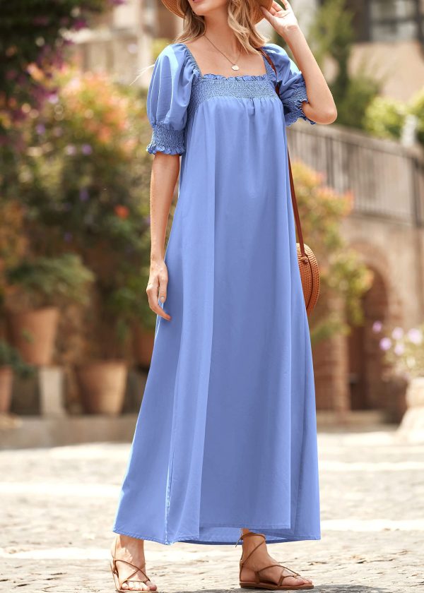 Women 2025 Summer Maxi Dress Casual Loose Puff Sleeve Square Neck Maternity Flowy Long Beach Dresses with Pockets