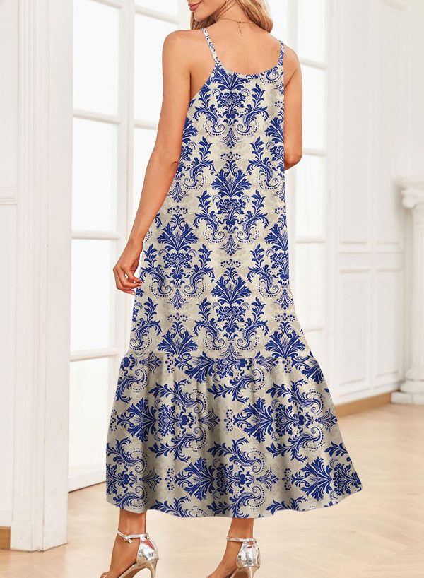 Women Summer Dresses 2025 Spaghetti Strap Scoop Neck Smocked Ruffle Flowy Boho Maxi Dress