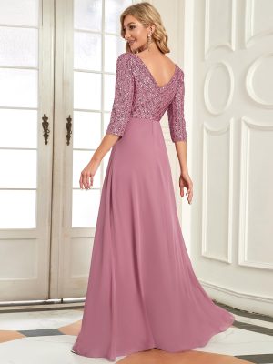 Women's Elegant Formal Dress V-Neck Long Sleeve Sequin Maxi Chiffon Evening Dresses 00751
