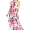 Flowing Watercolor Floral Halter Maxi Dress W/Tiered Ruffle Hem