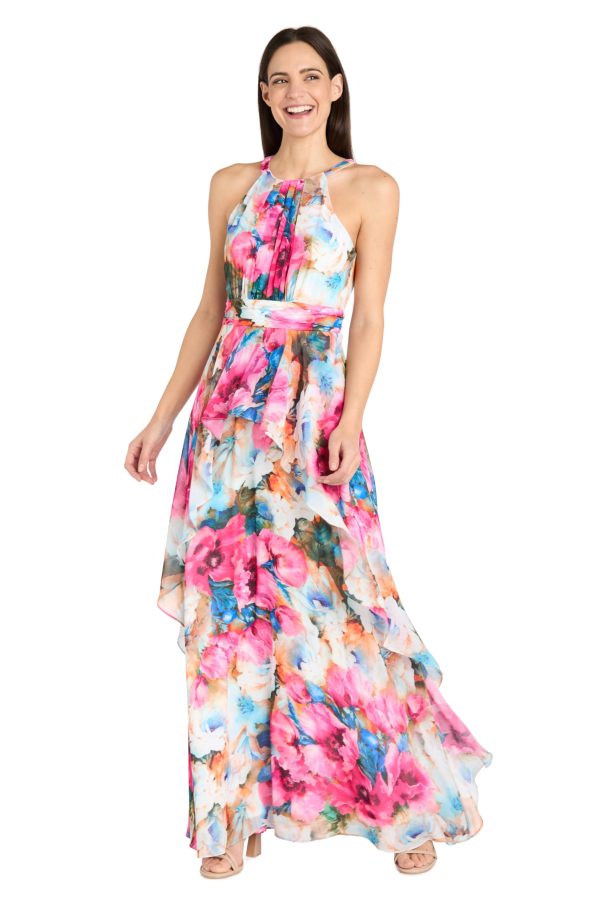 Flowing Watercolor Floral Halter Maxi Dress W/Tiered Ruffle Hem