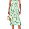 Women's Summer Floral Midi Tank Dress Sleeveless Strappy Ruffle Hem Smocked Bodycon Dresses