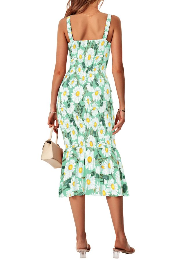 Women's Summer Floral Midi Tank Dress Sleeveless Strappy Ruffle Hem Smocked Bodycon Dresses