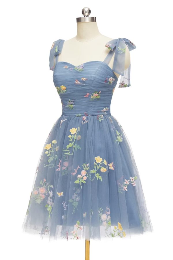 Short Homecoming Dresses for Teens Flower Embroidery Tulle Spaghetti Strap Knee Length Daisy Floral Prom Dresses