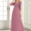 Women's Elegant Formal Dress V-Neck Long Sleeve Sequin Maxi Chiffon Evening Dresses 00751