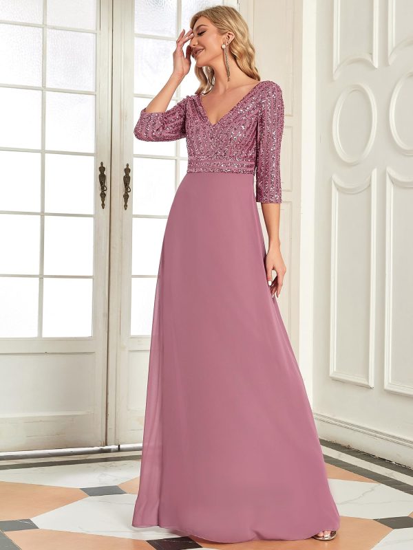 Women's Elegant Formal Dress V-Neck Long Sleeve Sequin Maxi Chiffon Evening Dresses 00751