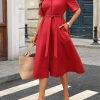 Women's Linen Button Down Shirt Dress Collared Short Sleeve Midi Belt Dresses with Pockets