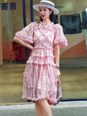 Women Embroidered Ruffle Summer Dress Light Short Sleeve Temperament Flower Dress