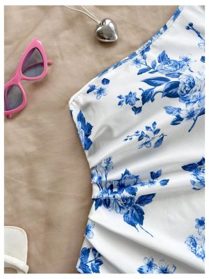 Women's One Shoulder Boho Floral Print Sleeveless Ruched Side Bodycon Mini Short Dress