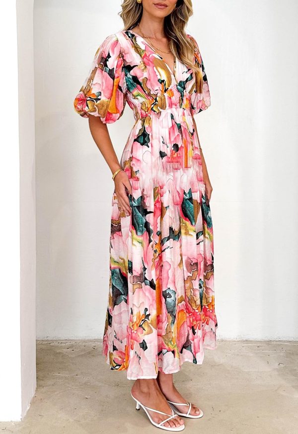 Women's Boho Floral Midi Dress Smocked Beach Flowy Dress