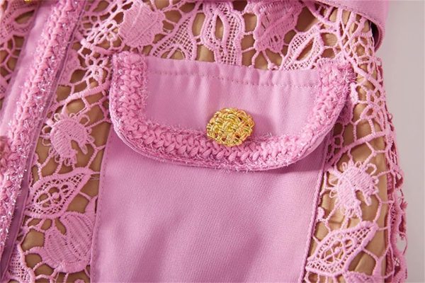 Women Vintage Pink Lace Square Neck Gold Button Lace Hollow Out Fragrance Dress