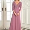 Women's Elegant Formal Dress V-Neck Long Sleeve Sequin Maxi Chiffon Evening Dresses 00751