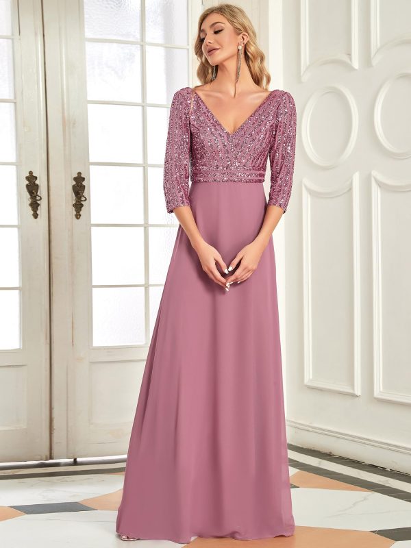 Women's Elegant Formal Dress V-Neck Long Sleeve Sequin Maxi Chiffon Evening Dresses 00751