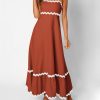 Women Summer Dresses 2025 Spaghetti Straps Sleeveless Smocked Rickrack Trim Boho Flowy Loose A-Line Midi Dress