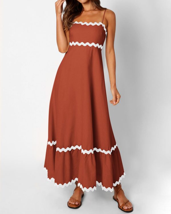 Women Summer Dresses 2025 Spaghetti Straps Sleeveless Smocked Rickrack Trim Boho Flowy Loose A-Line Midi Dress