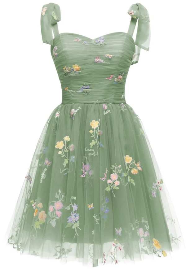 Short Homecoming Dresses for Teens Flower Embroidery Tulle Spaghetti Strap Knee Length Daisy Floral Prom Dresses