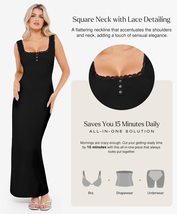 Shapewear Tank Dress Summer Maxi Dress Built-in Bra Square Neck Lace Trim Going Out Vacation Dresses for Women