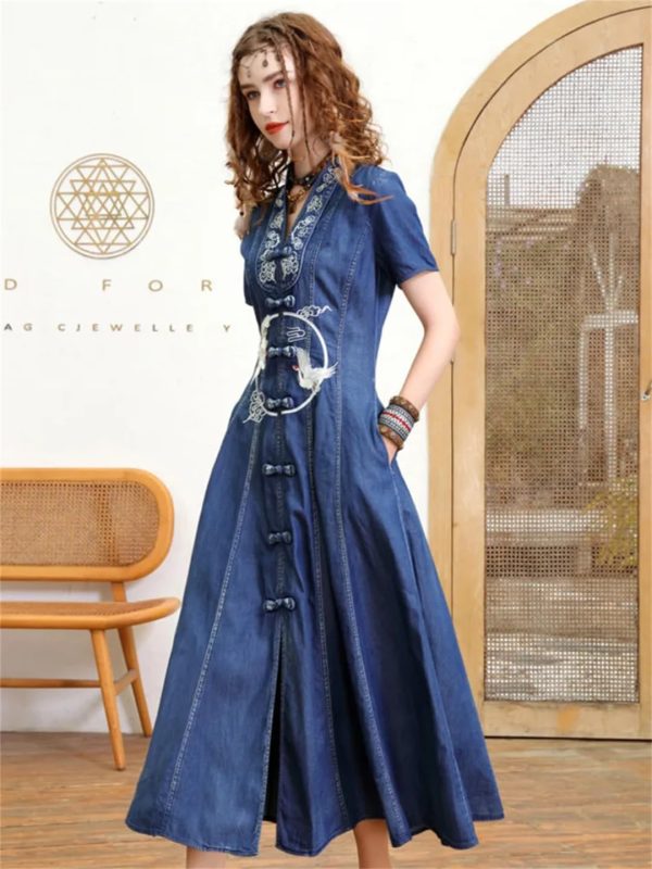Women Summer Vintage Single Breasted A-Line Denim Dress V-Neck Embroidery Split Joint Dresses